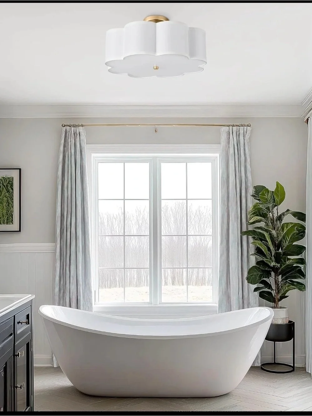 Gold Semi-Flush Ceiling Light with Ivory Fabric Shade